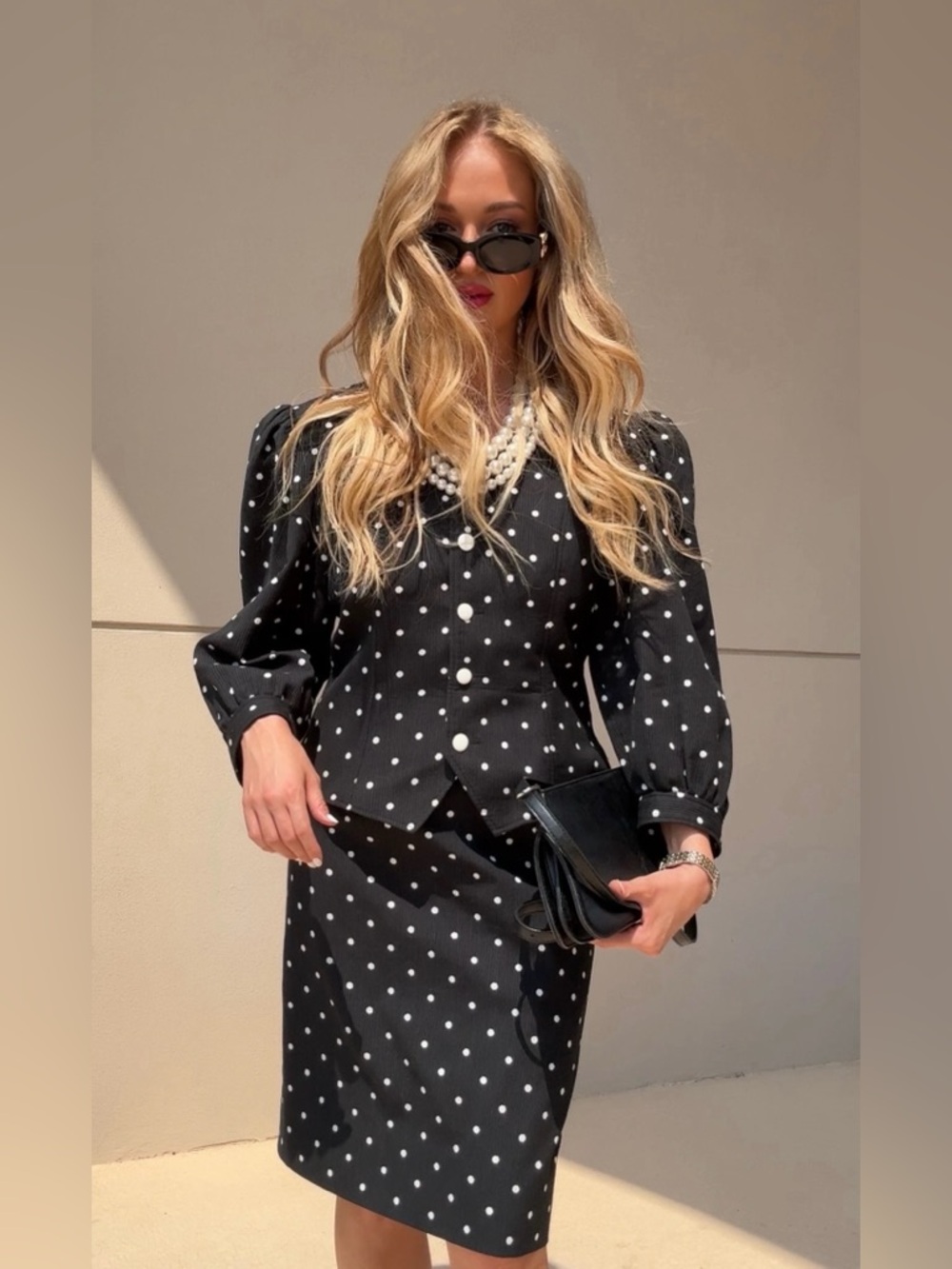Guy Laroche Black and White Polka Dot Midi Dress with Jacket